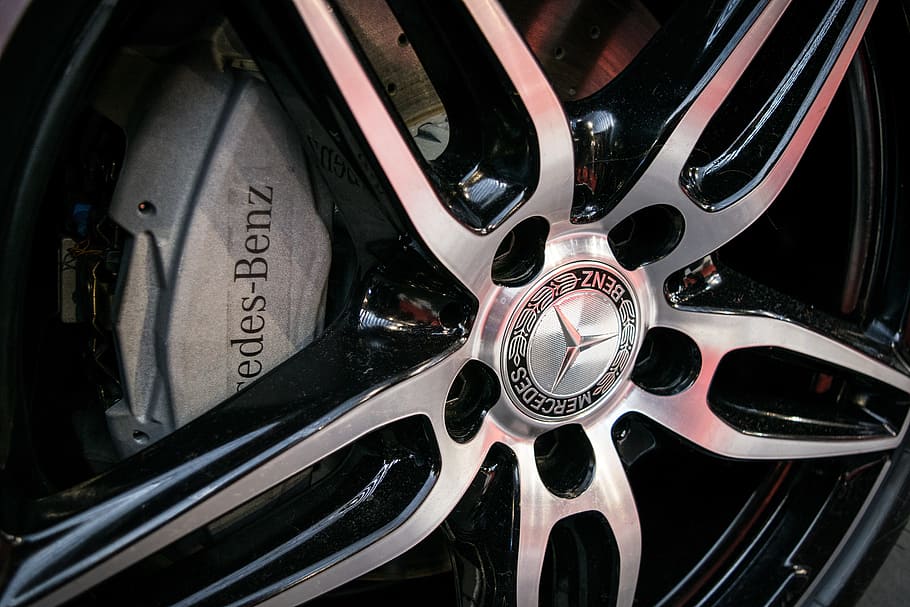 gray and black Mercedes-Benz wheel, wheels, rims, brakes, logo