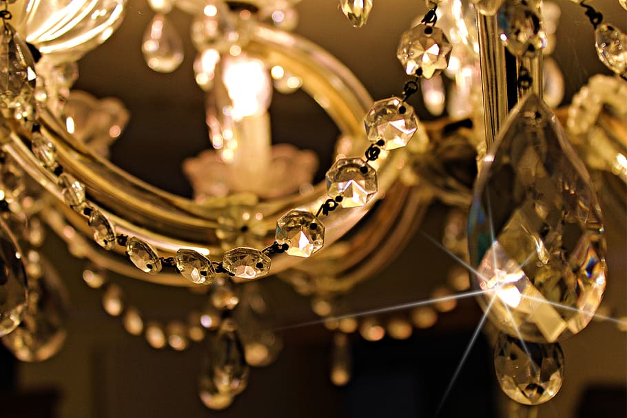 close view of a crystal chandelier, candlestick, decoration, crystal glass