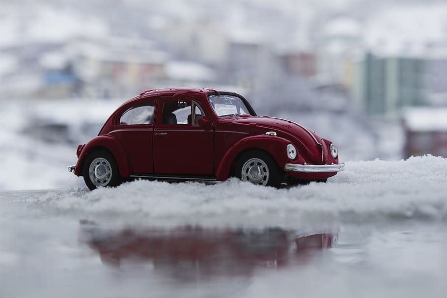 Red Toy Car in Snow, action, blur, cold, drive, frost, ice, old car HD wallpaper