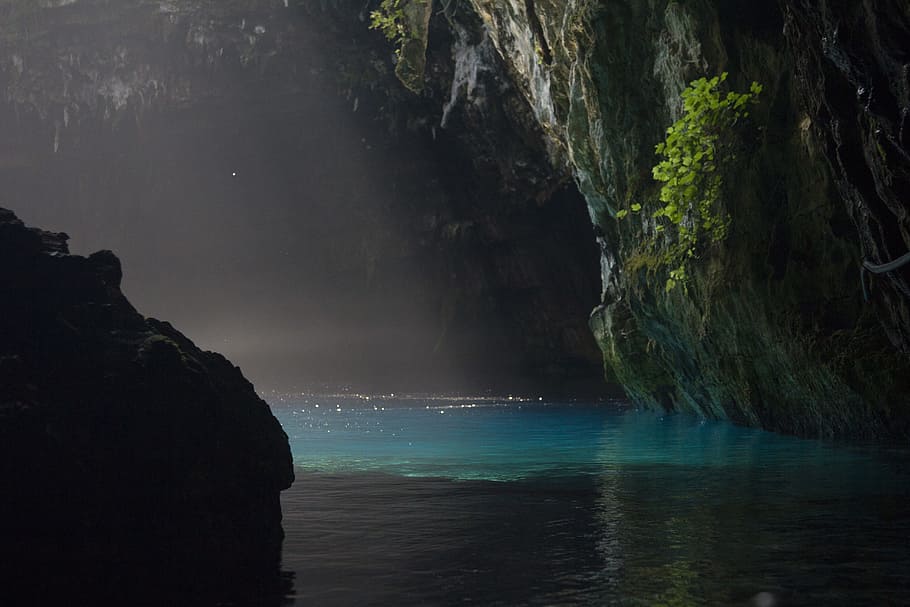 landscape photo of underwater cave, kefalonia, melissani cave