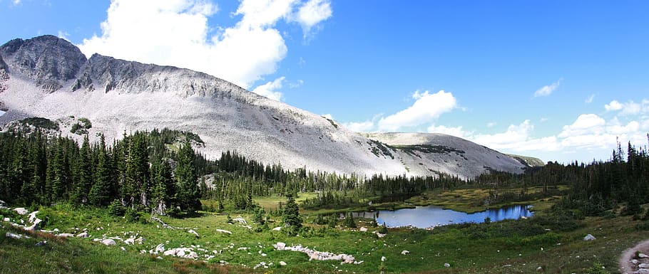 photo of green field of grass and body of water near snowy mountain