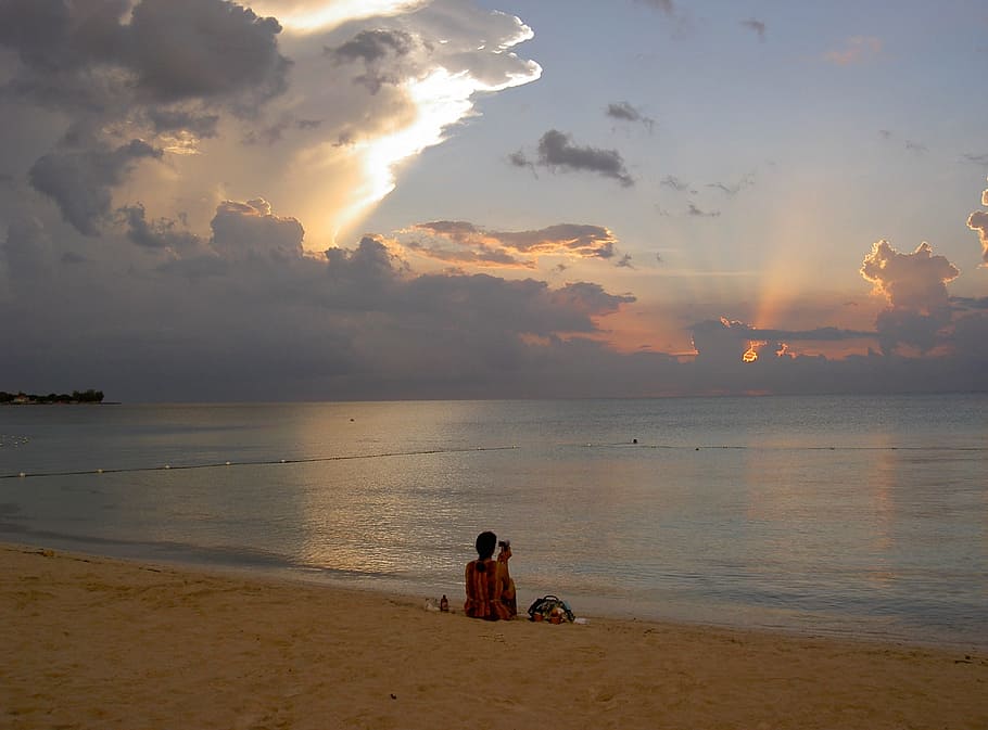 Beach, Sit, Holiday, Sand, Sea, sunset, water, sky, real people HD wallpaper
