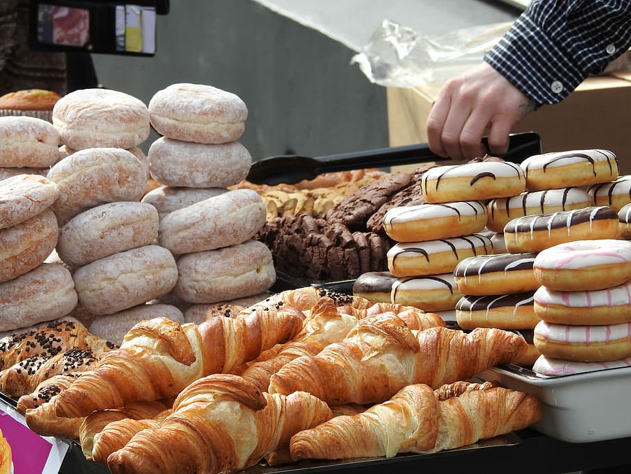 varieties of pastries, donuts, cake, bakery, dessert, croissant, HD wallpaper