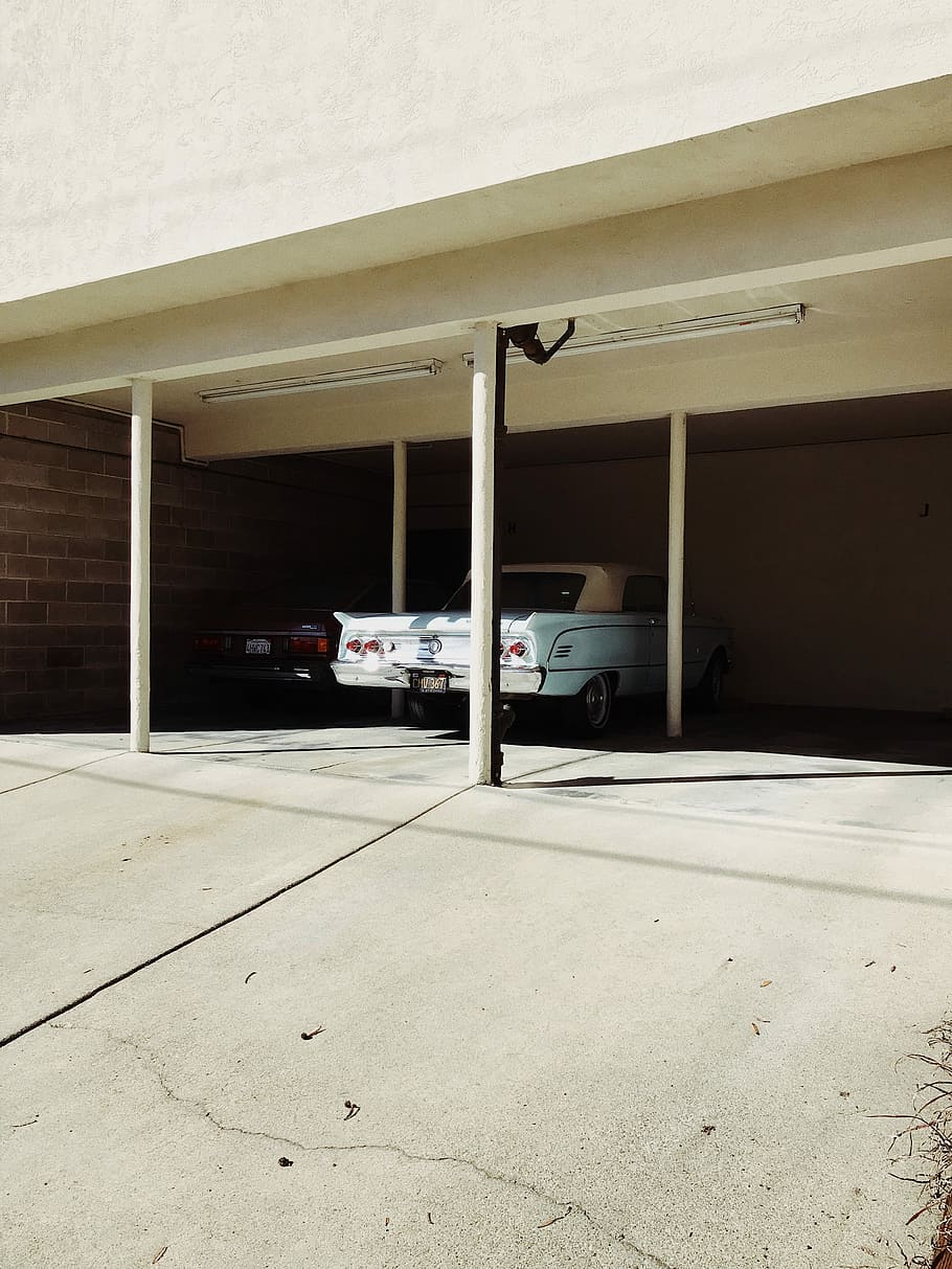 white coupe parked, white car parked inside the garage, building HD wallpaper