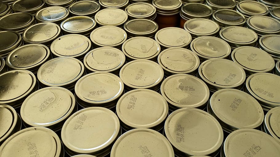 Mason, Jar, Canning, Lids, Shiny, backgrounds, in a row, stack HD wallpaper
