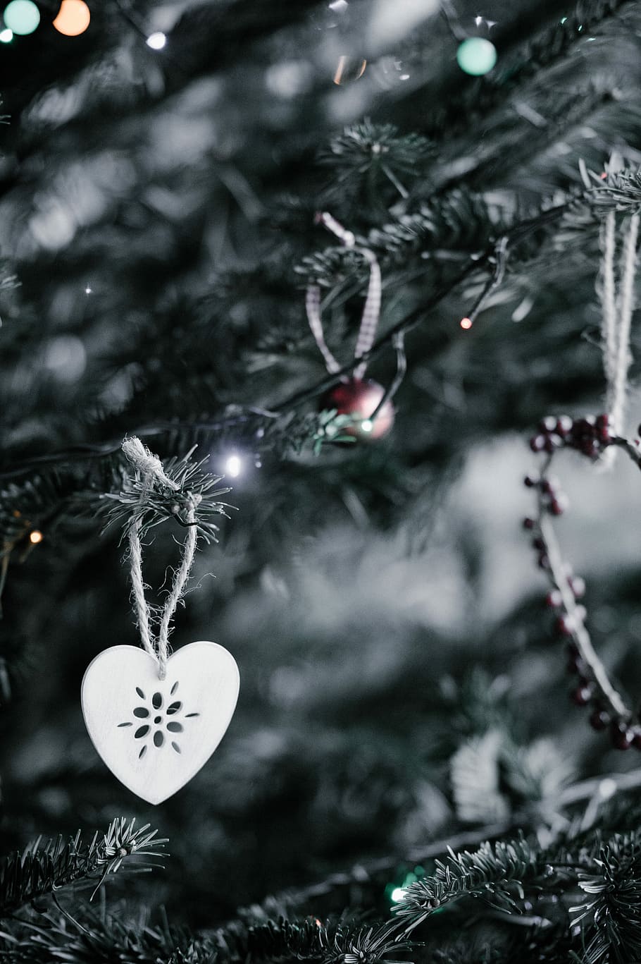 heart ornament, grayscale photography silver heart ornament, tree HD wallpaper