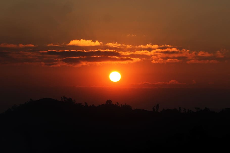 sunrise, dawn, dusk, morning, nepal, hill, cloud, orange, sky, HD wallpaper