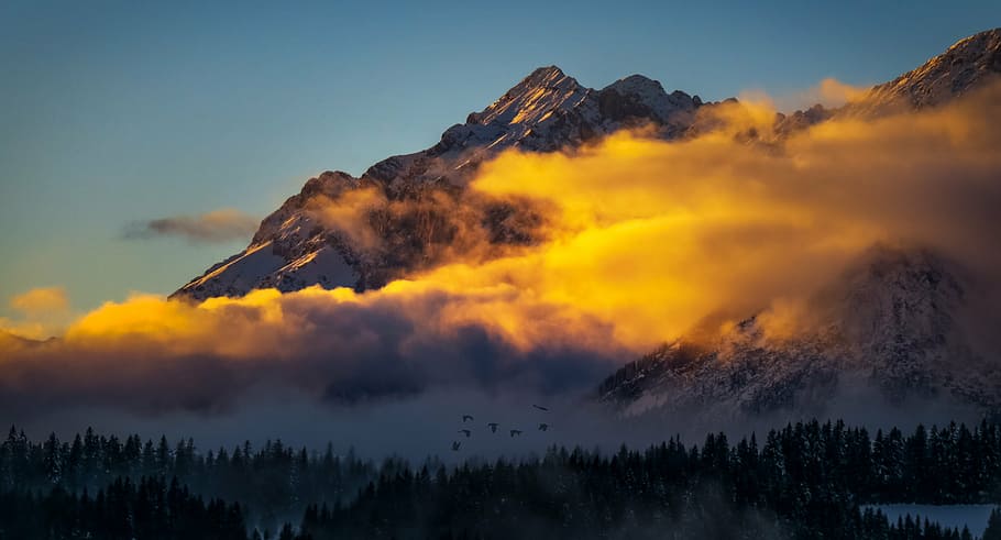 mountain during night, alpine, austria, clouds, landscape, abendstimmung HD wallpaper