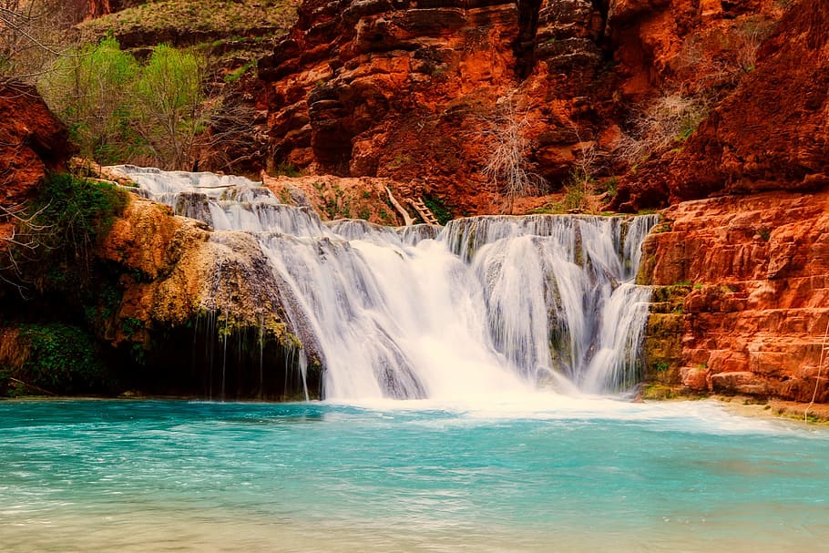 landscape photo of waterfalls, rocky, cliff, view, arizona HD wallpaper