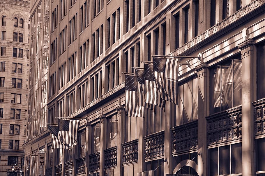 USA flags on outdoor wall building, american, manhattan, new york city, HD wallpaper