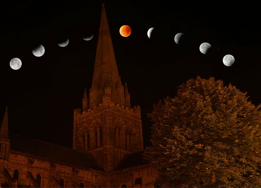 concrete castle against full cycle of moon, lunar eclipse, night HD wallpaper