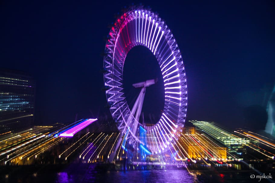 time-lapse photography Ferris wheel during night, time-lapse photography of ferris wheel during nighttime HD wallpaper