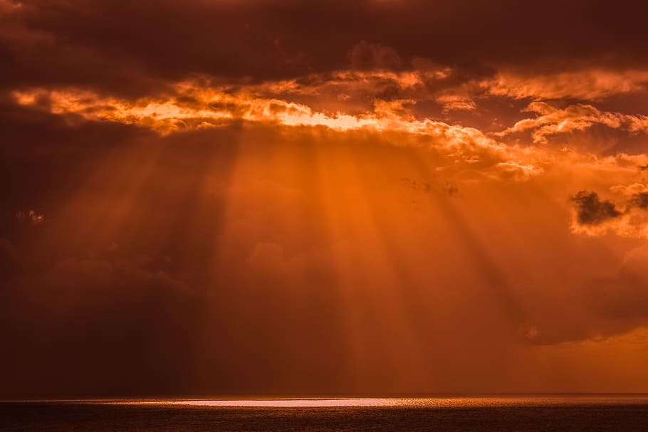 crepuscular rays during golden hour, sunset, dusk, sky, clouds