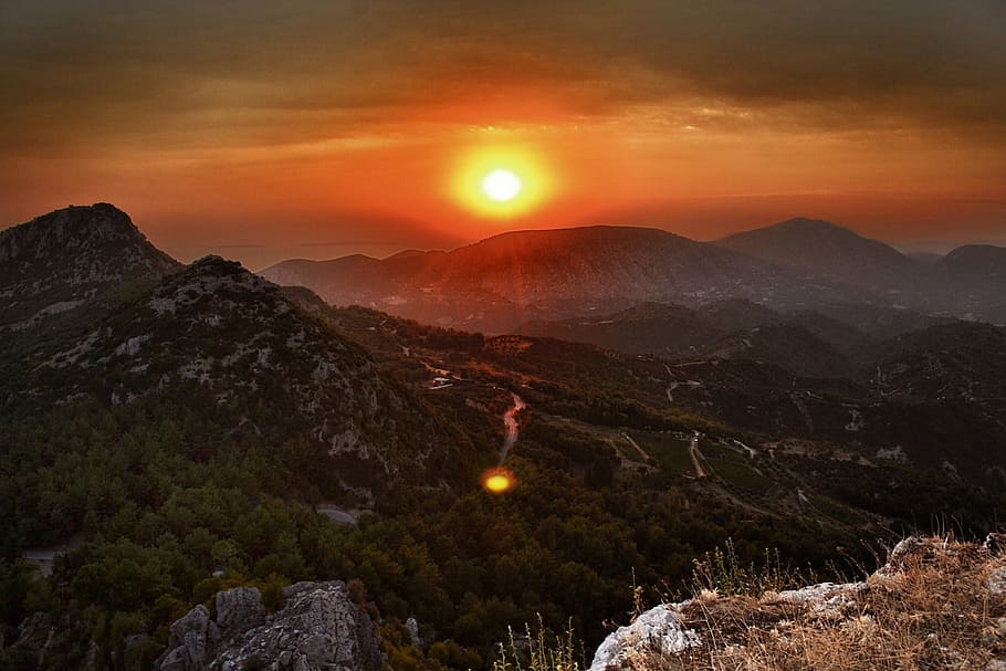 mountain during golden hour, Greece, Sunset, Romantic, Mediterranean HD wallpaper