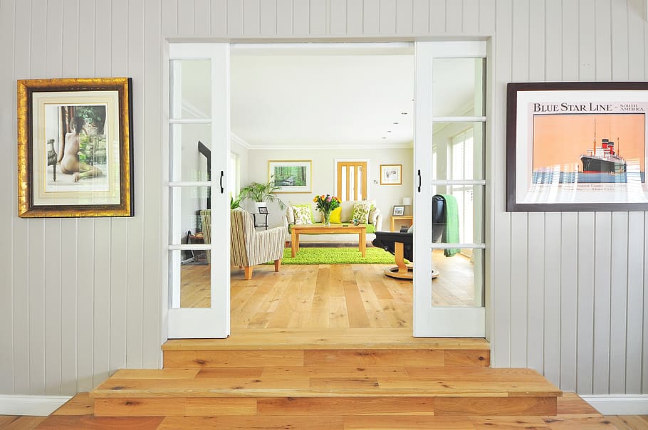 white wooden door to living room furniture set, home, modern, HD wallpaper