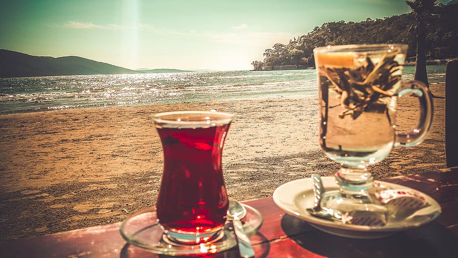beach, beverage, close-up, cup, drink, glass, ocean, sea, tea HD wallpaper