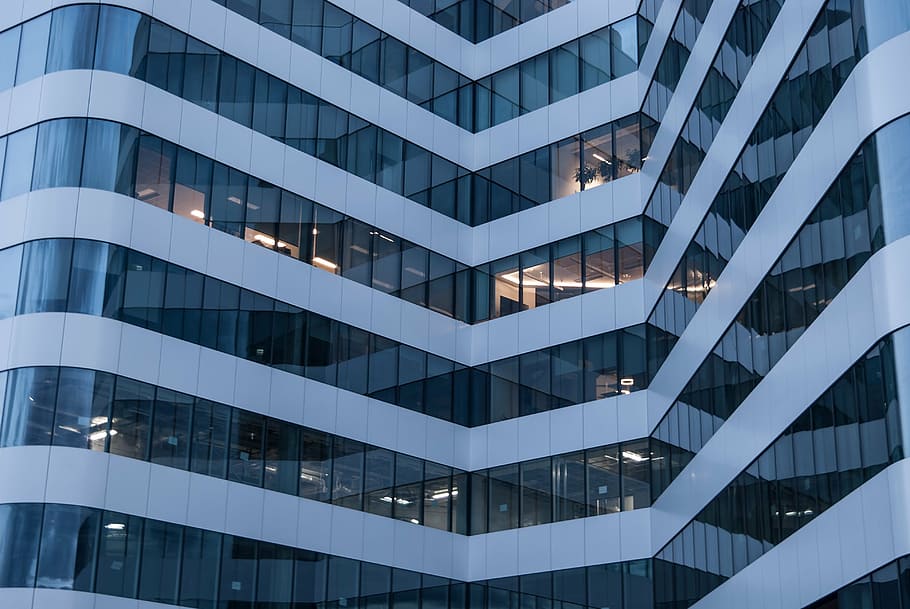 blue glass building, office building, business, sky, reflection HD wallpaper