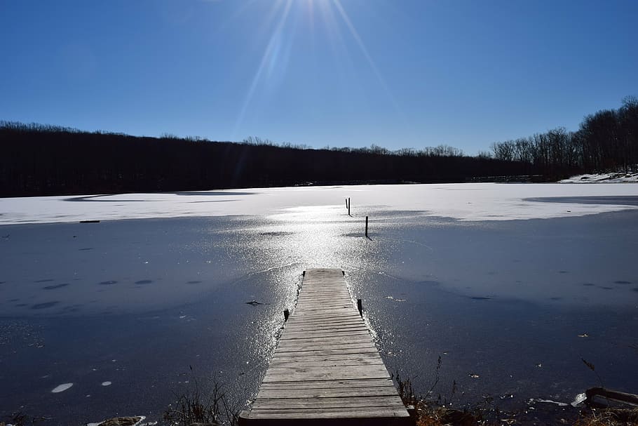 winter, lake, sun, dock, nature, landscape, sky, cold, blue HD wallpaper