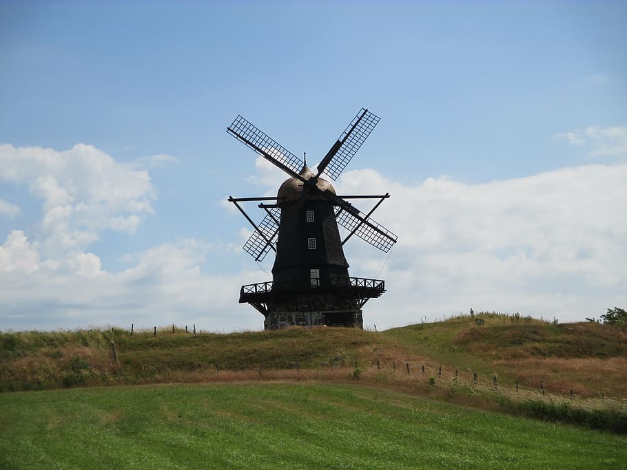 windmill, field, summer, landscape, green, milieu, countryside HD wallpaper