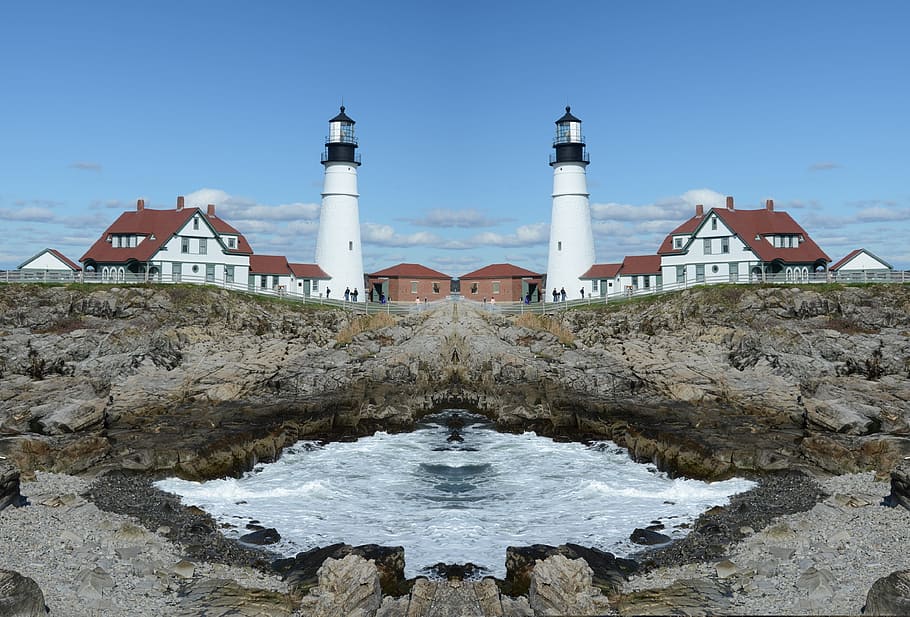 mirror image, lighthouse, effect, landscape, effects, split HD wallpaper