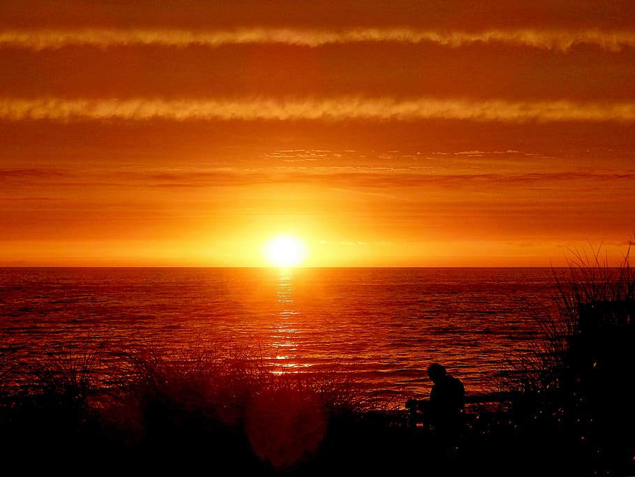 sunset, evening, sea, sunset beach, sunset sky, silhouette, HD wallpaper