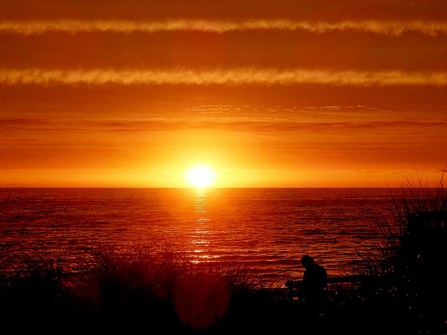 sunset, evening, sea, sunset beach, sunset sky, silhouette HD wallpaper