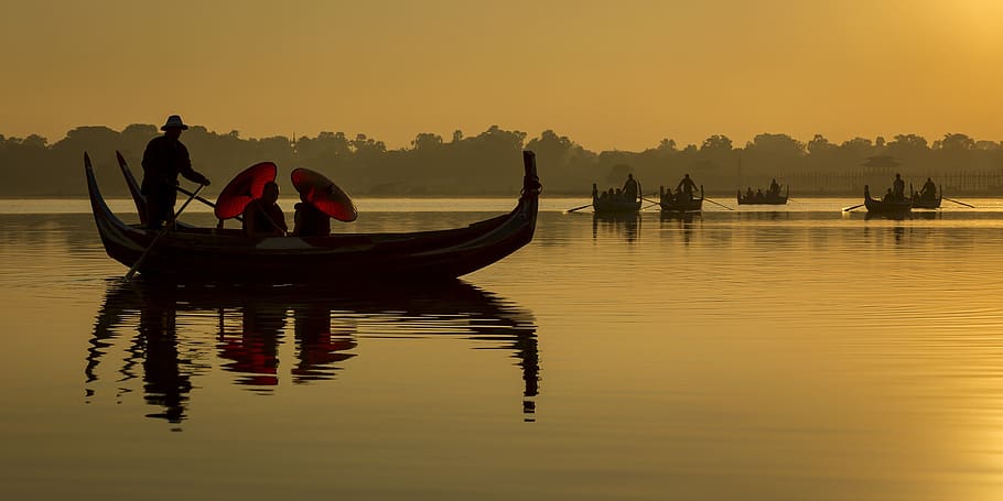 dawn, water, sunset, reflection, lake, nautical vessel, sky HD wallpaper