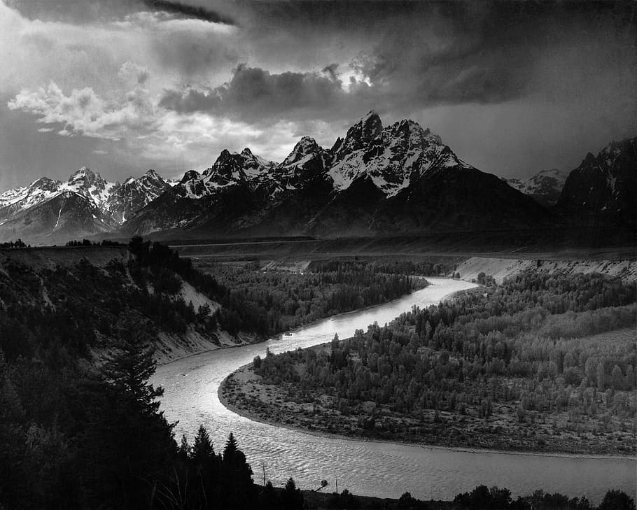 grayscale photo of mountain, adams, tetons, national park, snake river