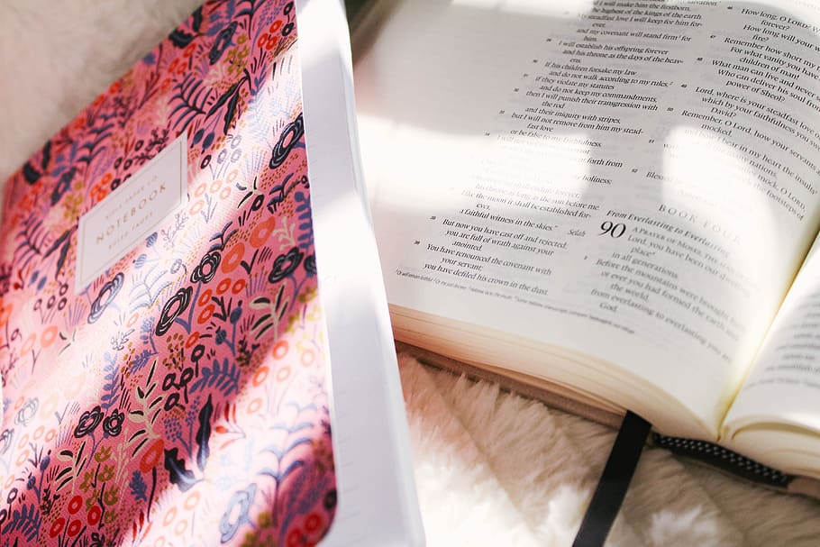 opened white book, bible on top of beige mat, bookmark, ribbon HD wallpaper