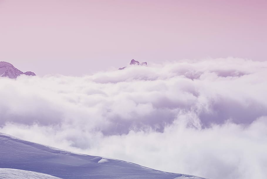 sea of clouds, white seawaves on stones, pink, mountains, cloudy, HD wallpaper
