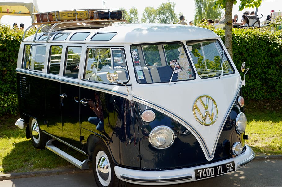 black and while Volkswagen van parked on road, transport, means of transport