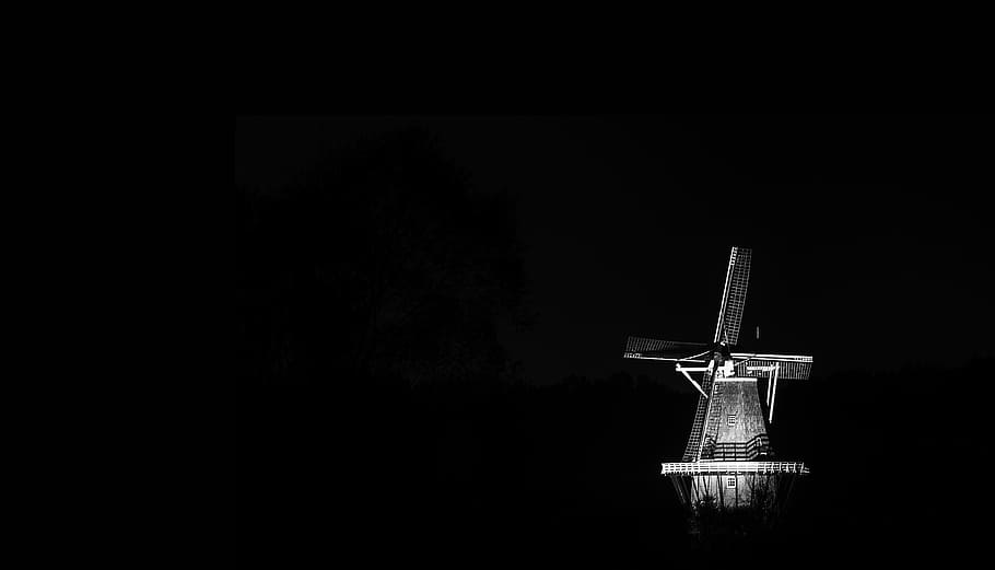grayscale photography of windmill, dark, night, kent, windmill island HD wallpaper