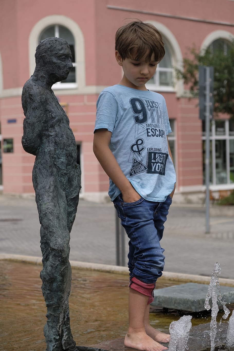 child, boy, pose, posing, statue, figure, sculpture, play, cool down HD wallpaper