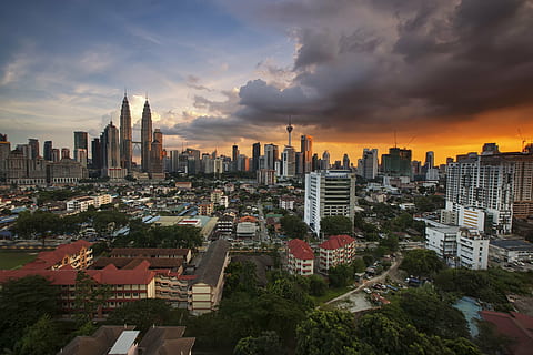 bird's eye view of Kuala Lumpur, Malaysia, landscape, sunset HD wallpaper