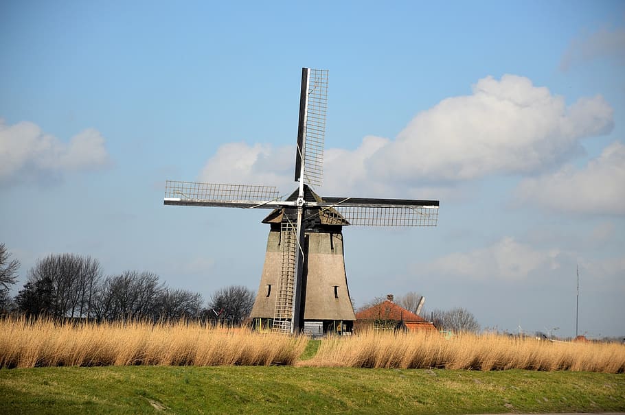 gray windmill near grass field, holland, tradition, dutch, netherlands, HD wallpaper