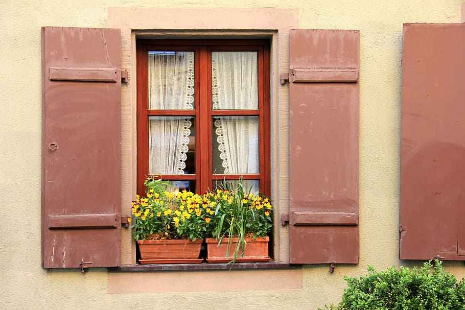 brown wooden window closed, building, home, flowers, idyll HD wallpaper