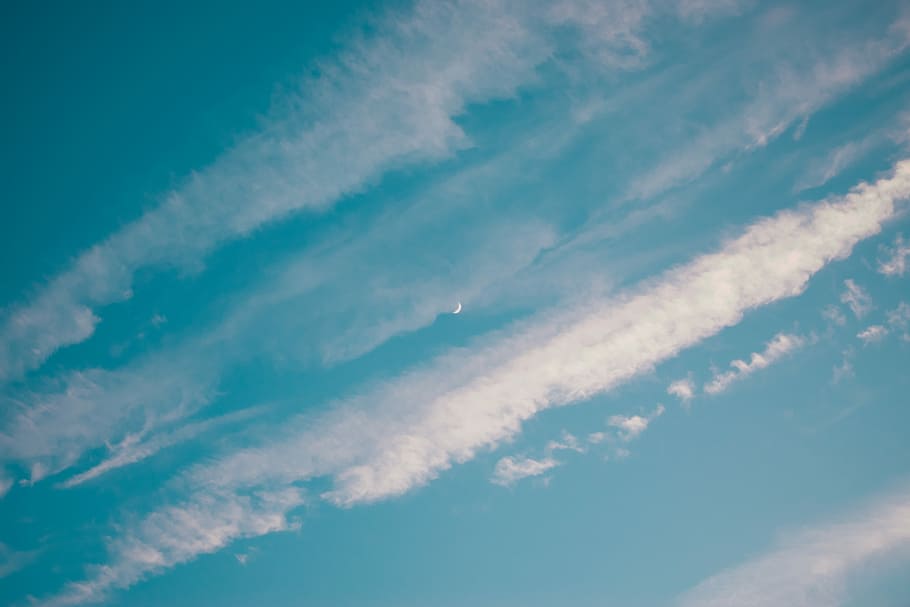 photo of stratus clouds, worms eye view of sky, blue, moon, beauty HD wallpaper