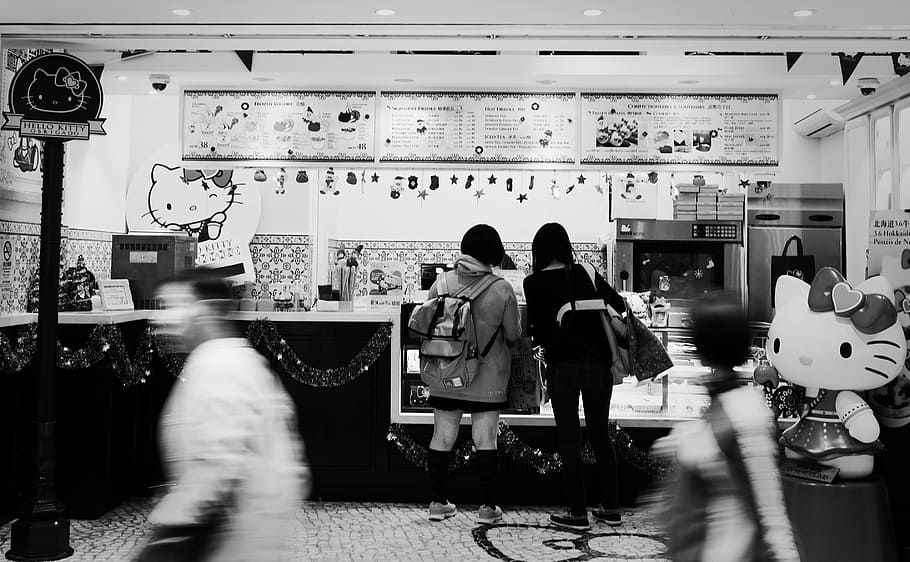 black-and-white, café, hello kitty, people, restaurant, shop
