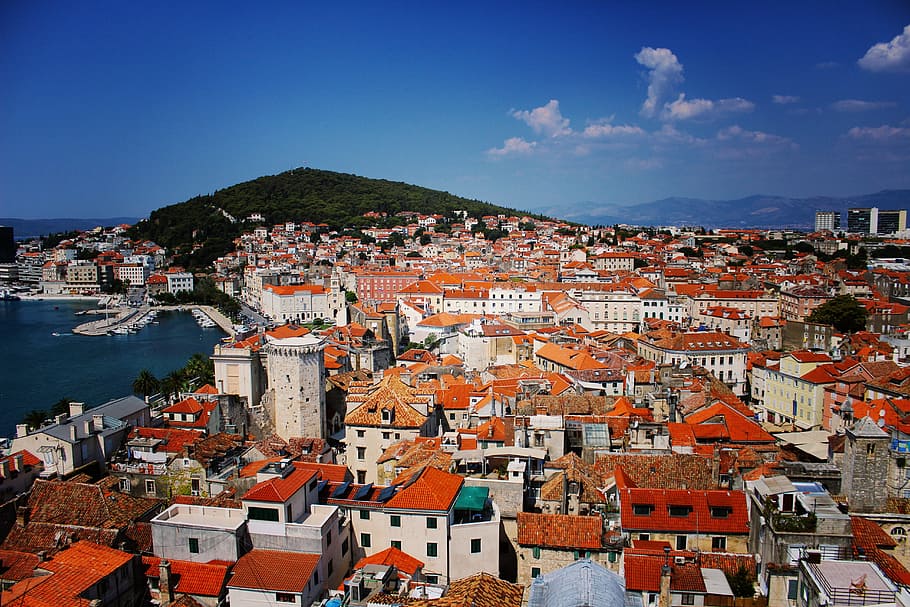 aerial photo of white-and-orange buildings near body of water HD wallpaper