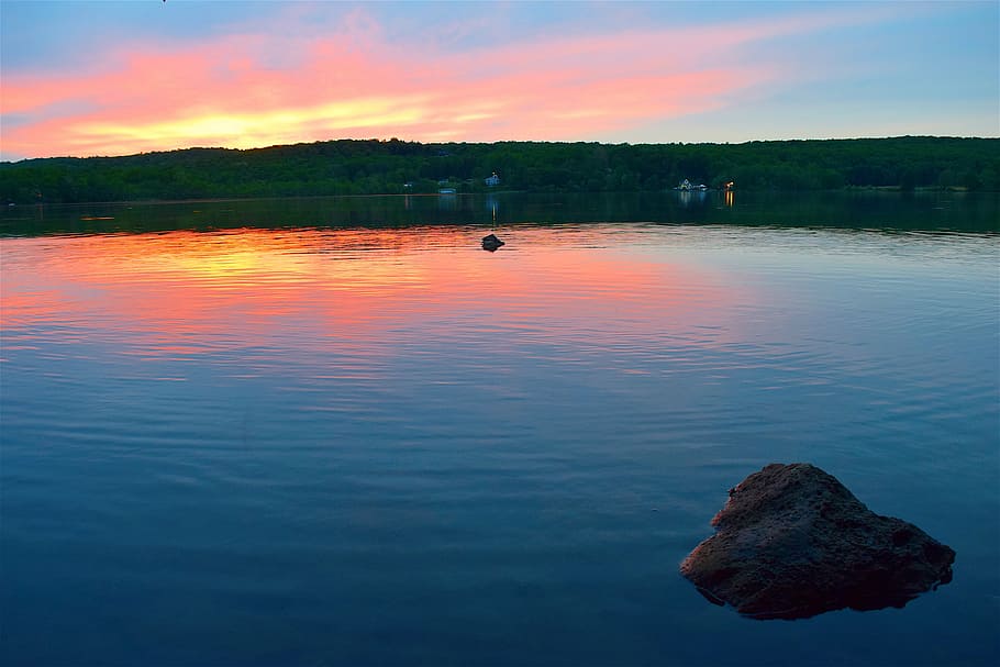 lake, sunset, colors, sky, clouds, water, landscape, nature HD wallpaper