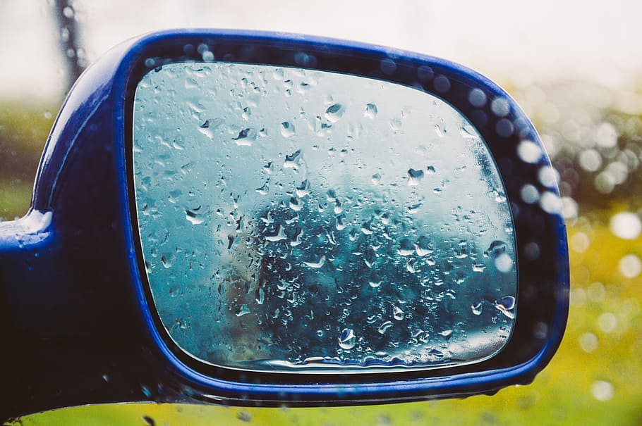 mirror, window, raining, wet, rain drops, car, water, close-up HD wallpaper