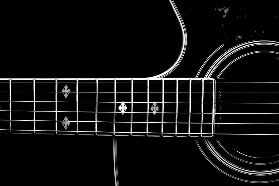 black and white acoustic guitar, music, instrument, close up