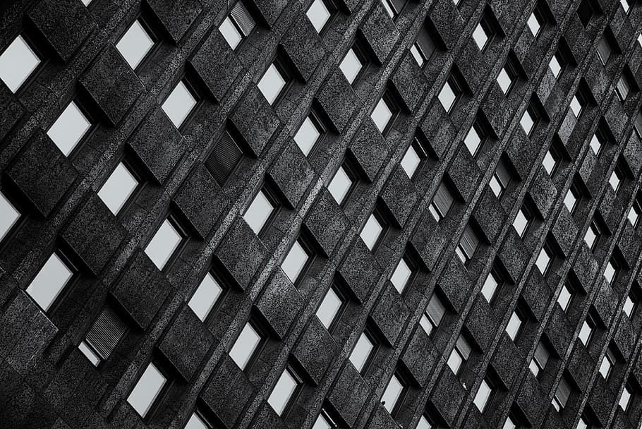 grayscale photo of metal fence, black concrete building, architecture, HD wallpaper