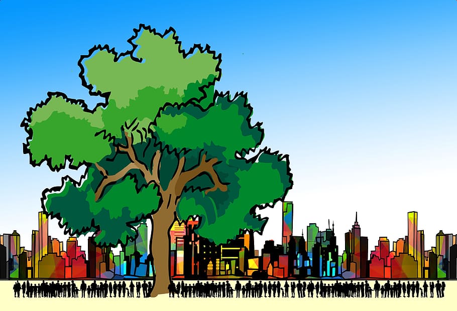 green tree in front of city illustration, nature, human, nature conservation HD wallpaper
