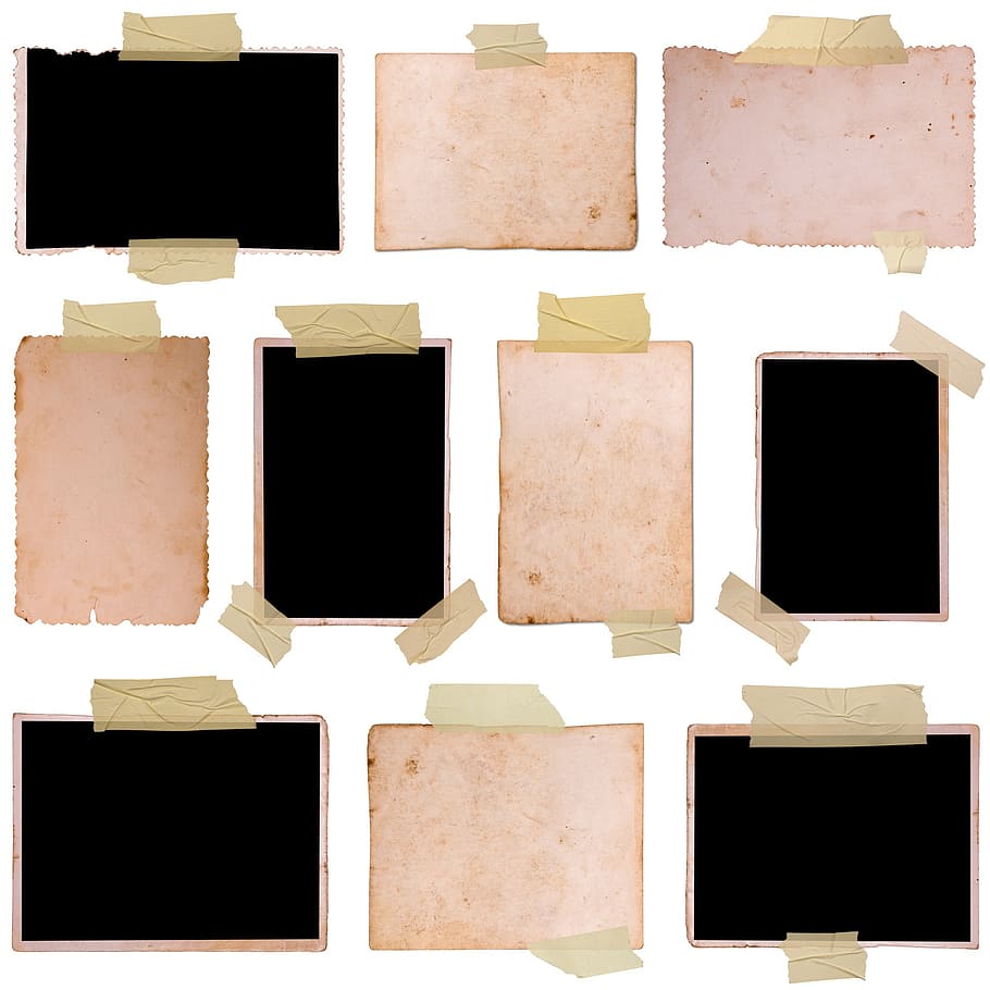 beige and black papers collage, scroll, document, frames, tape
