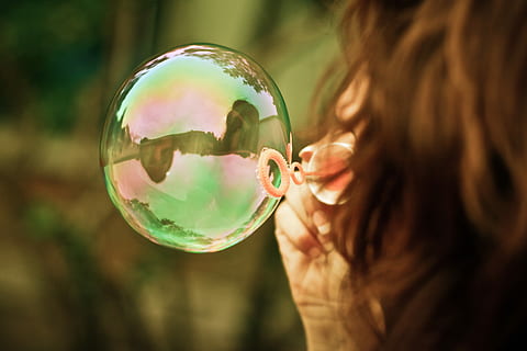Girl Blowing a Bubble, brunette, bubbles, fun, gardens, party HD wallpaper