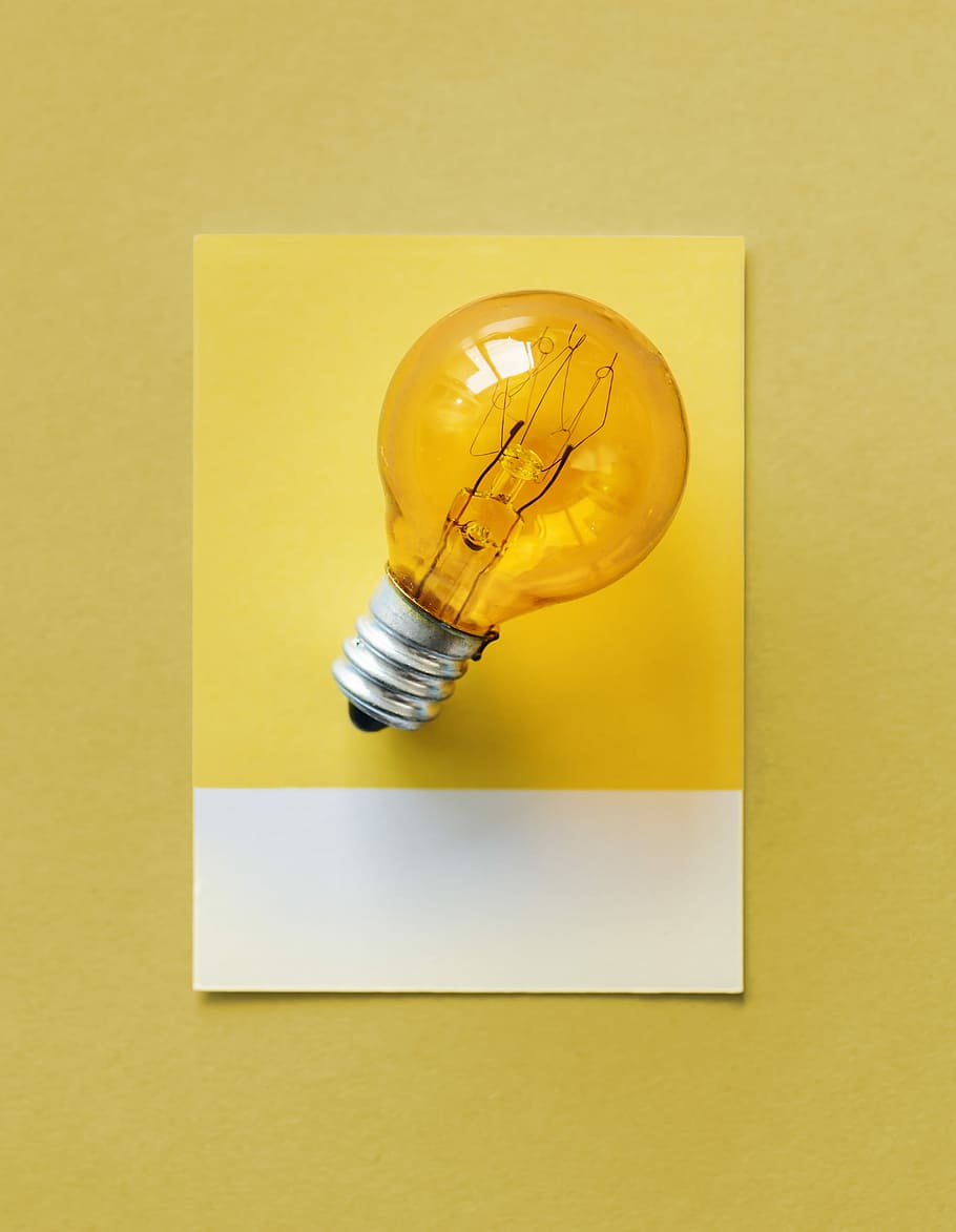 incandescent bulb, pantone, light, yellow, idea, paper, orange, HD wallpaper