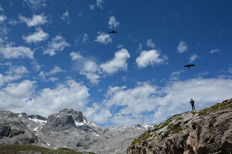 Mountain, Vacuum, Cliffs, Cantabria, vertigo, clouds, birds HD wallpaper