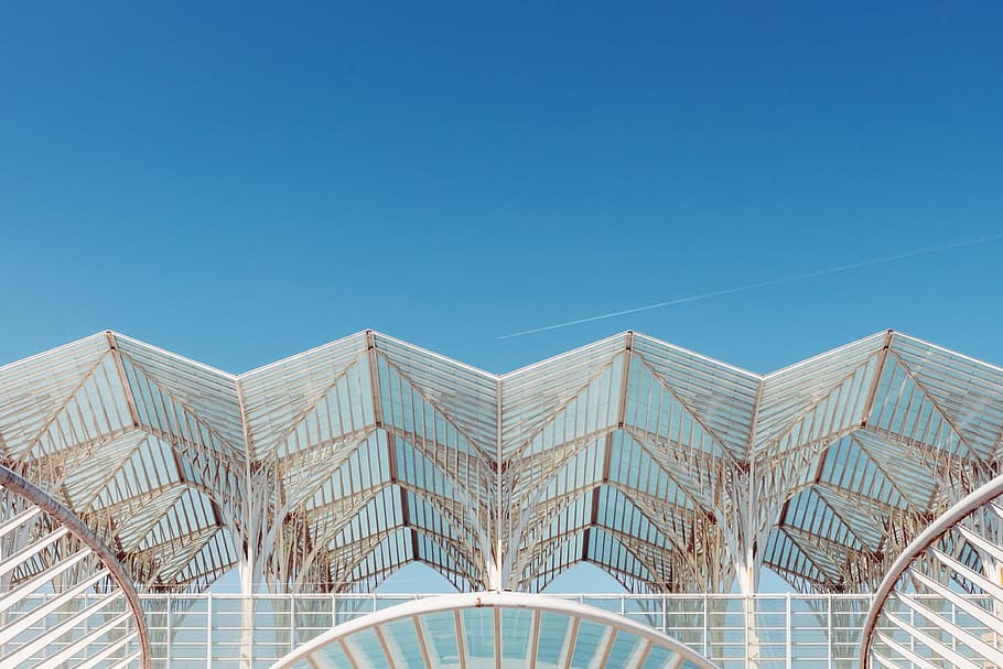 low angle photography of rooftop, white metal frame, sky, architecture, building HD wallpaper