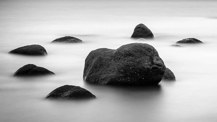 Rock, Rocher, Bretagne, Mer, Océan, france, noir et blanc